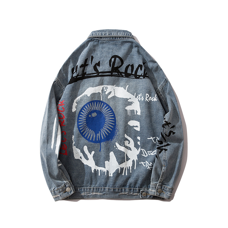 

Hip Hop Denim Jacket Men Graffiti Streetwear Jeans Jacket Oversized Fashion Distressed Hole Outwear Hiphop Street Coats Blue Eye