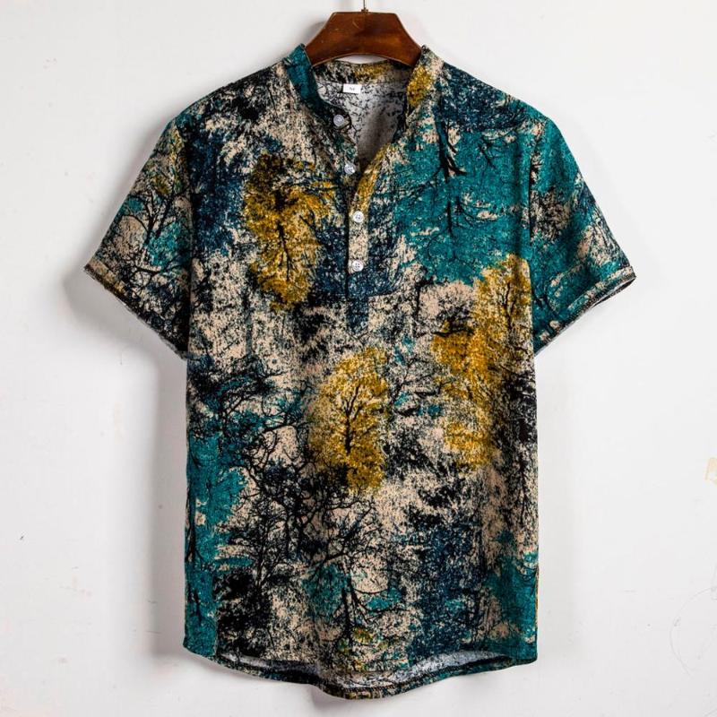 

Ethnic Linen Men's Shirt Mens Contrast Color Geometric Printed Hawaiian Short Sleeve Loose Shirts Cotton hommes Plus Size, Green