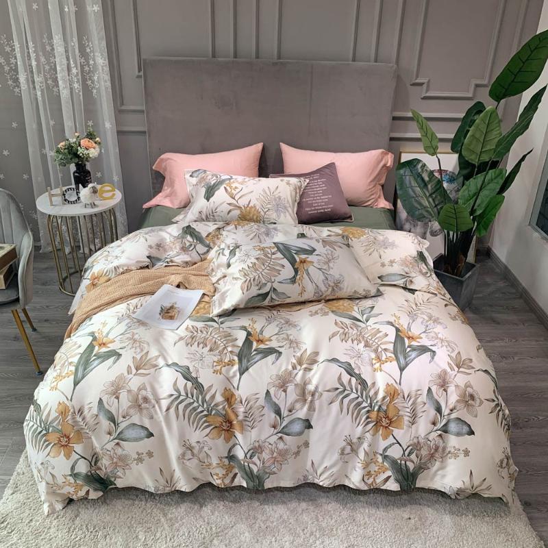 

White Pastoral Flowers Leaves Beige High Count Egyptian Cotton Bedding Set Queen King Size Bedlinens Flat sheet Duvet Cover Set, 20195592