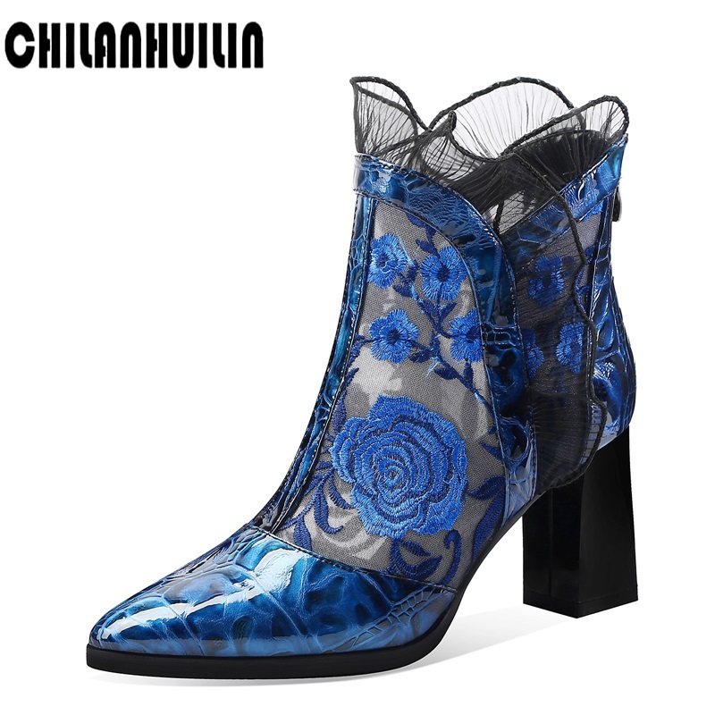 

black blue leather mesh women's ankle summer boots new fashion pumps pointed toe zip high heels women ankle boots female sandals