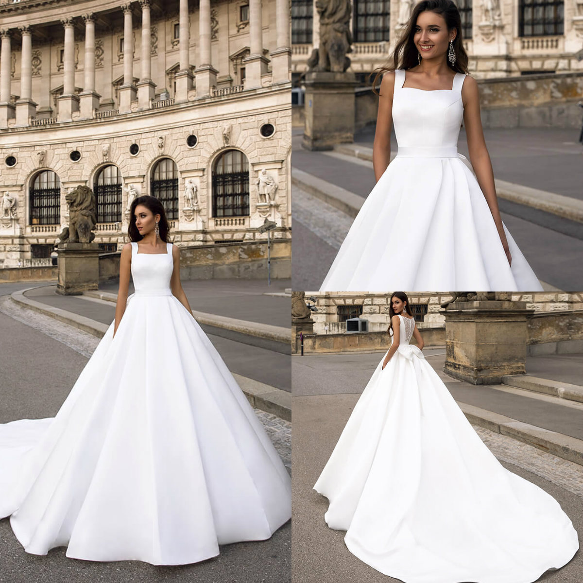 

2020 Elegant Satin Wedding Dresses Square Neck A Line Sweep Train Bow Cheap Beach Wedding Dress Custom Made Bohemian Bridal Gowns, Nude