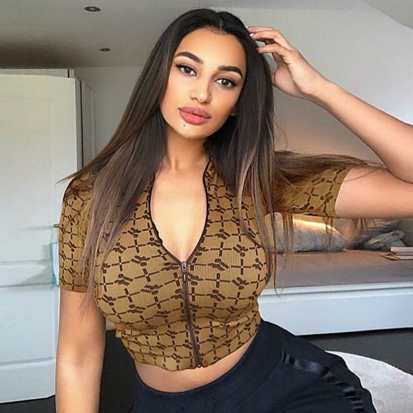 

Women Sexy Slim Tshirts Femal Navel Shorts Sleeved Cardigan Stand-up Collar Tops with Zipper Womens Tight Letter Print T-shirts New, Brown