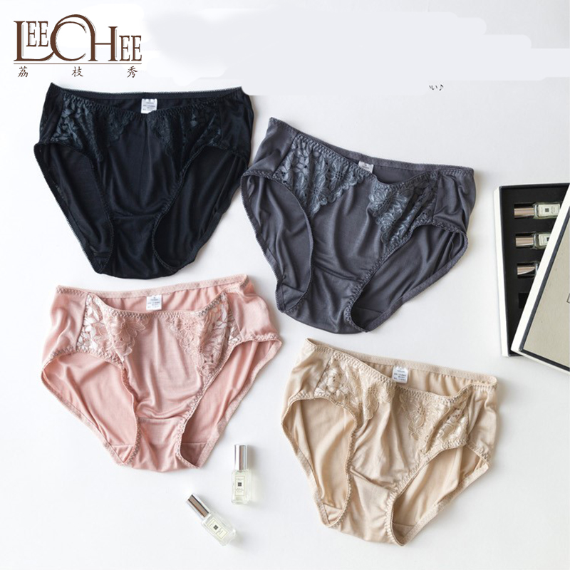 

Leechee YY001 New silk lace women's briefs mulberry silk lace sexy underwear without trace breathable large size, Black