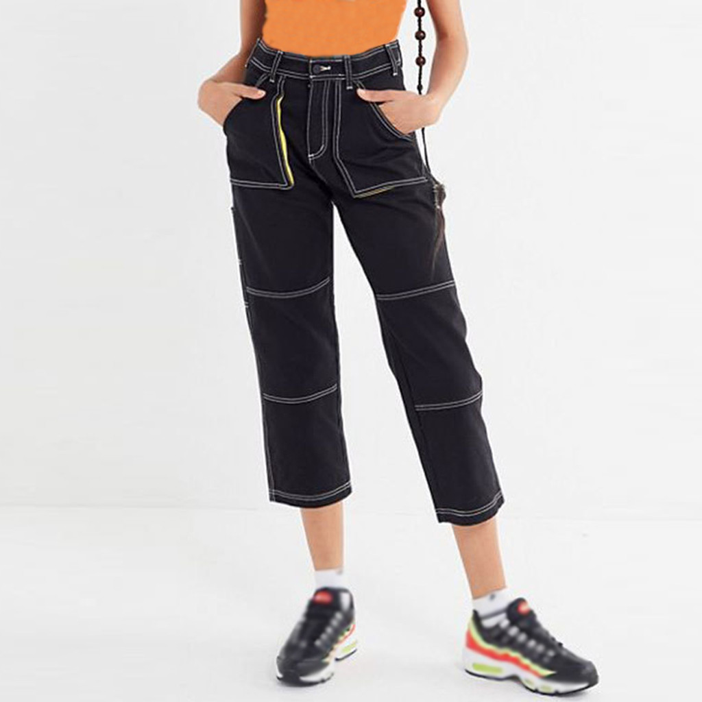 

Women Jeans Cropped Pants Pockets Denim Calf-Length Straight Pant Girls Mid Waist Casual Trousers Spliced Stretchy Streetwear, Black
