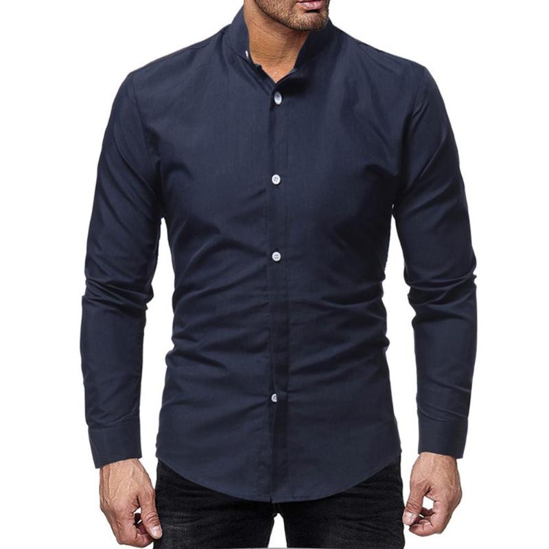 

Business Men Solid Color Stand Collar Button Down Long Sleeve Slim Fit Shirt 2020 Free Shipping, Black
