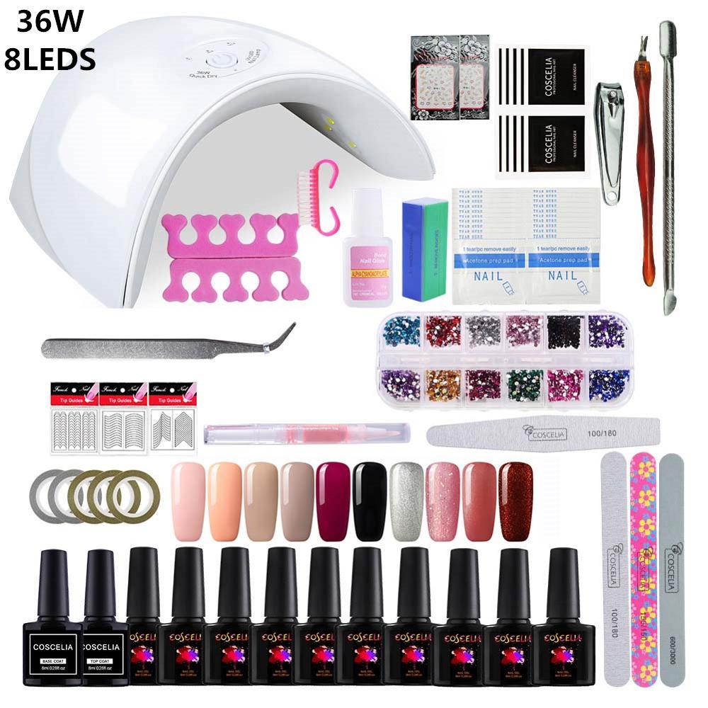 

COSCELIA 54W Lamp 10Pcs Gel Nail Polish Set Tools For Manicure Nail Kit Top And Base Coat Set For Gel Varnish Kit