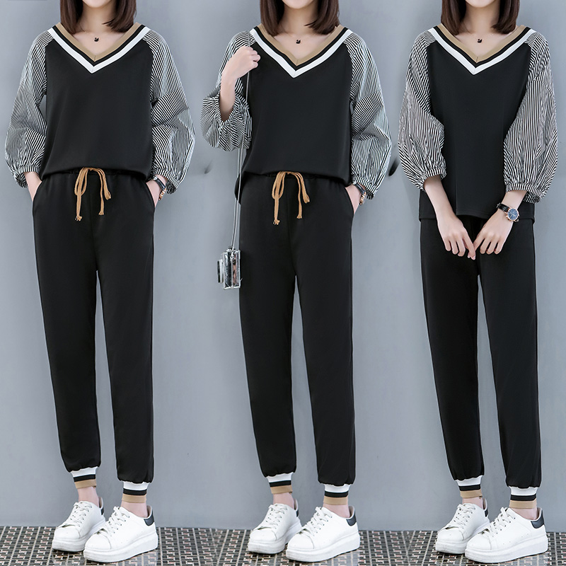 

Plus Size 5xl 2 Piece Set Women Casual Tracksuit Striped Women's Tracksuits Conjunto Feminino Ukraine Year-old Female Costume, Black