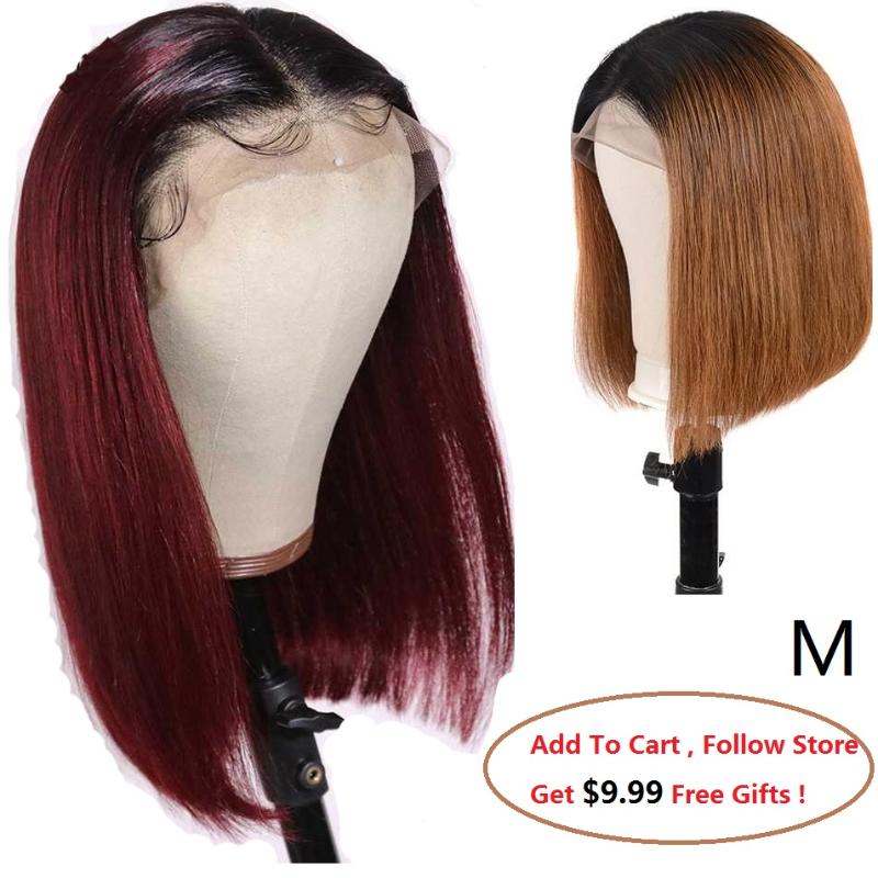 

Ombre Deep Part Lace Front Human Hair Wigs For Black Women 13x5 Straight Short Bob Wigs Burgundy 99J Brazilian Wig 150% Density, As pic