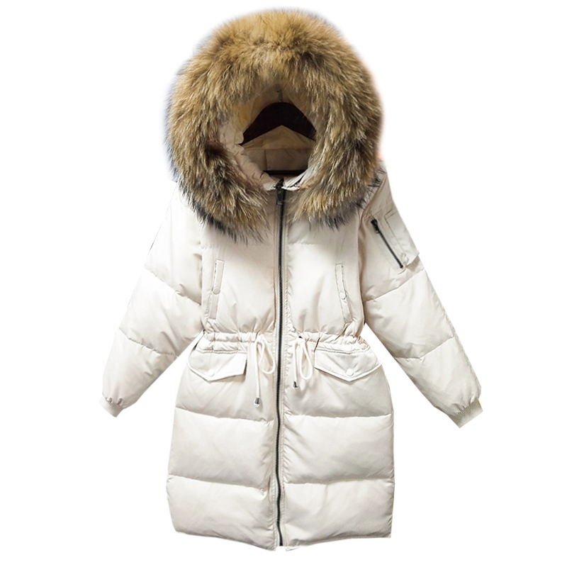 

2019 Thick Warm Women Winter Coat Luxury Large Real Fur Collar Women Parkas Outwear White Duck Down Fashion Female Down Jacket, Beige