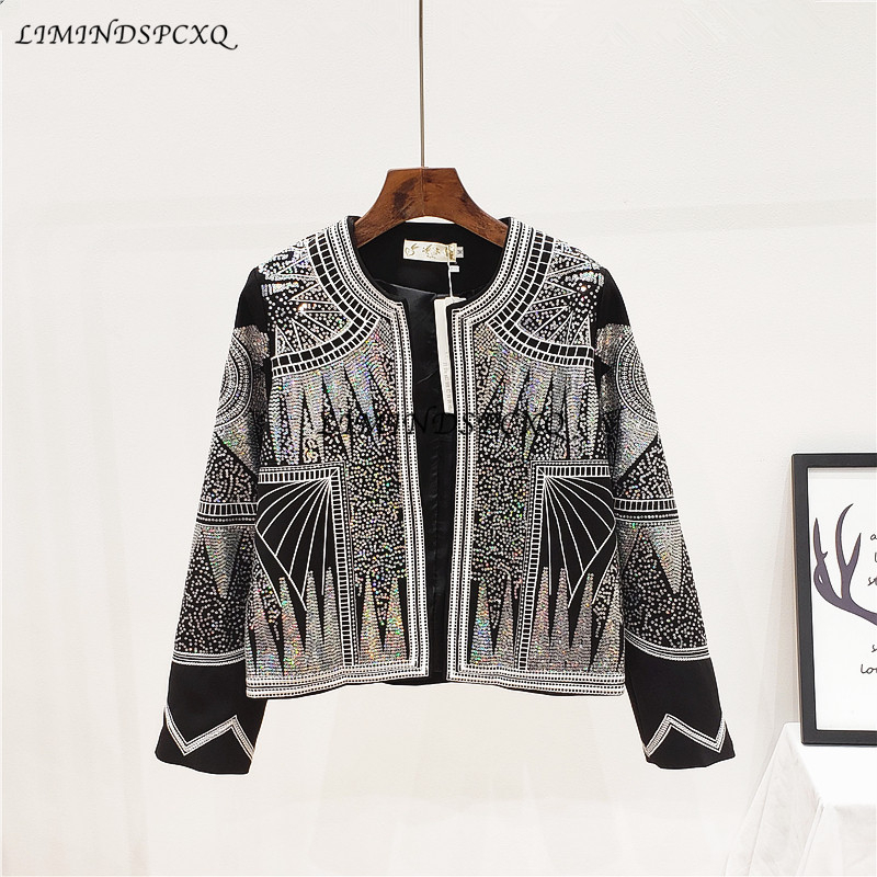 

2020 New Spring Autumn Woman Sequins Jacket Round Neck Long Sleeve Chic Fashion Coat Bling Embroidery High Quality Vintage Jacke, Black