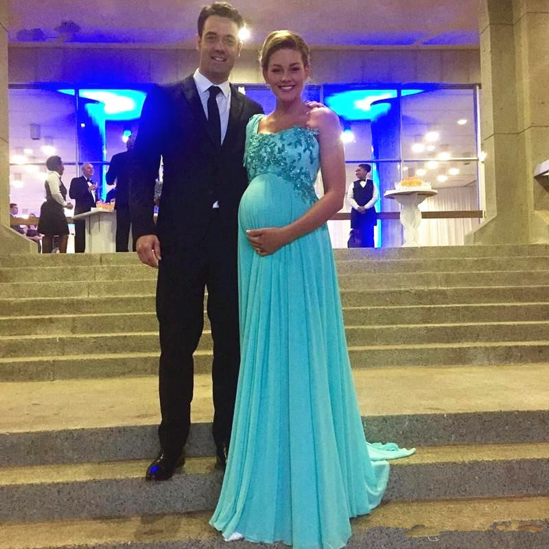 

Teal Chiffon Maternity Evening Dress One shoulder Sparkly Appliques Lace Empire Waist Pregnant pageant Formal Party Dress Custom Size, Gray
