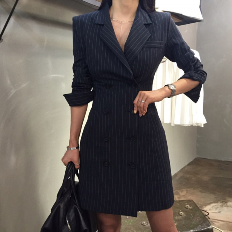 

2020 New Spring Fashion Women Clothing Notched Formal Above Knee Mini Striped Blazers Type Dress Female Vestidu V995, Black