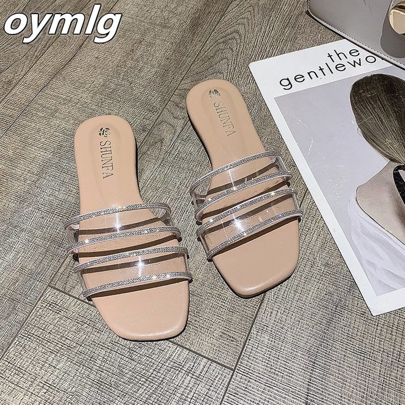 

2020 female Sandals Korean version transparent word drag female wild non-slip slippers women wear fashion slippers women Sandals, Beige