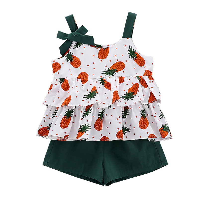 

2020 Summer Kid clothes Baby Girls Clothes Fashion Fruit Pattern Strap Sleeveless Tops Vest+Shorts Suits 2pcs Costume Set