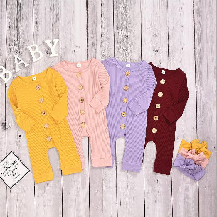 

Baby Girls Clothes Infant Solid Buttons Rompers Headband Newborn Long Sleeve Jumpsuits Cotton Bodysuits Pants Onesies Climb Clothes D6483