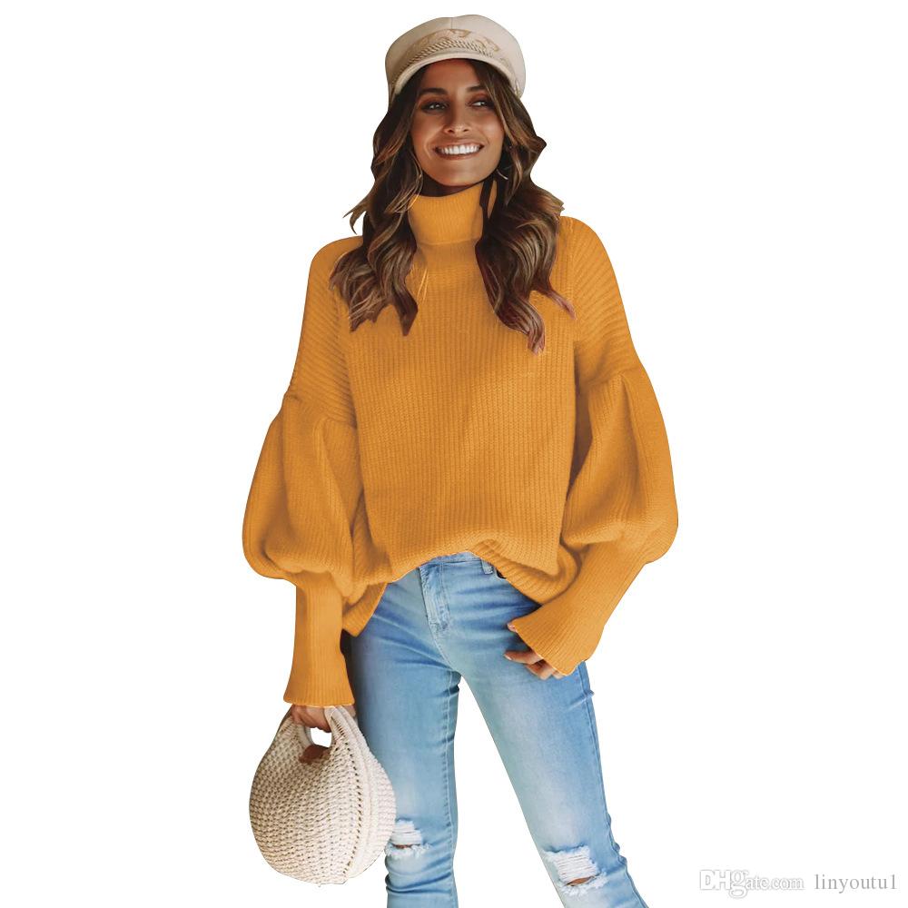 

2020 Forefair Casual Turtleneck Sweater Woman Winter Knitting Pullovers Lantern Sleeve Short Black White Knitted Solid Jumper Women, 3#