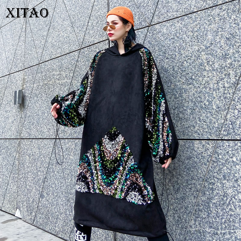 

XITAO Sequin Pleated Loose Dress Fashion New Women Winter 2019 Hooded Collar Patchwork Plus Size Loose Minority Dress XJ2772, Black xj2772
