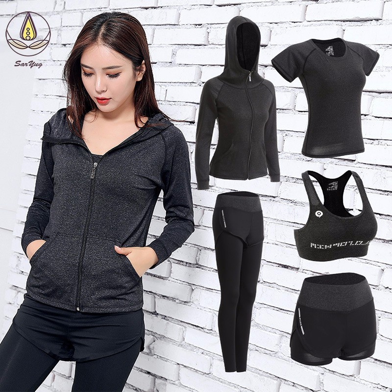 

Women Yoga 5Pcs Set Training Sports Set Female Workout Clothes For Women Sportswear Gym Training Clothing Running Legging Pants, 5pcs black