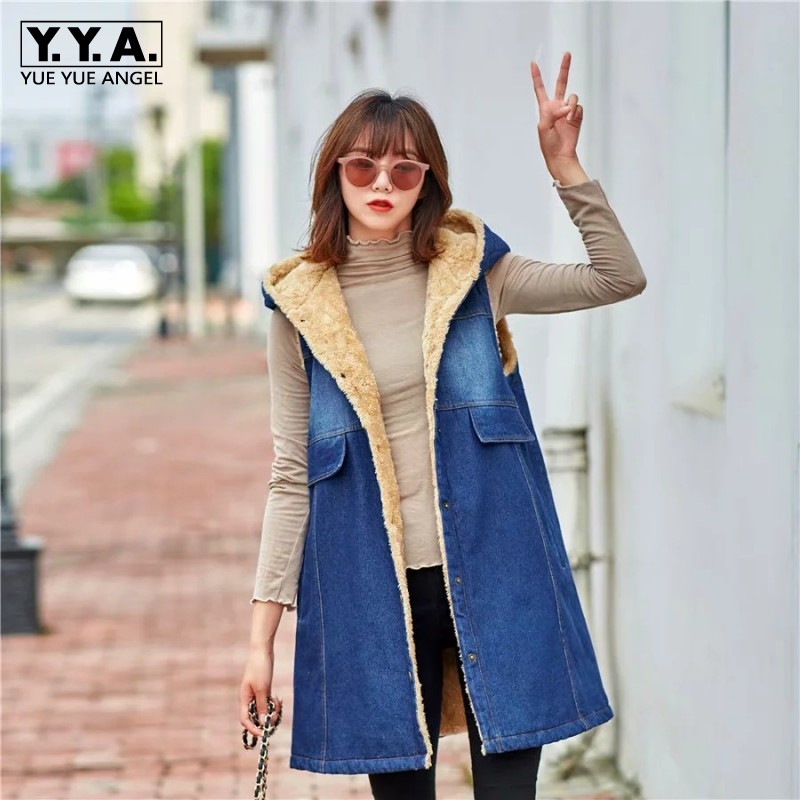 

Women Thick Fur Lining Denim Vest Long Hooded Sleeveless Jacket Ladies Casual Streetwear Jeans Outerwear Waistcoat Warm Vests, Blue