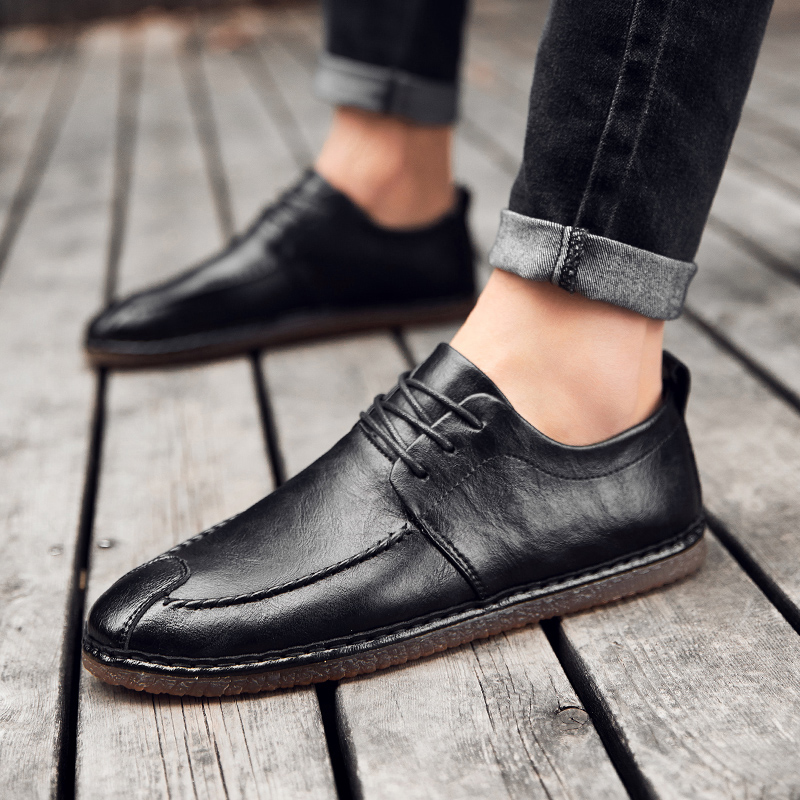 

men dress shoes leather soft sole driving lace up mens loafers fashion oxford shoes for men round toe formal shoes, Black