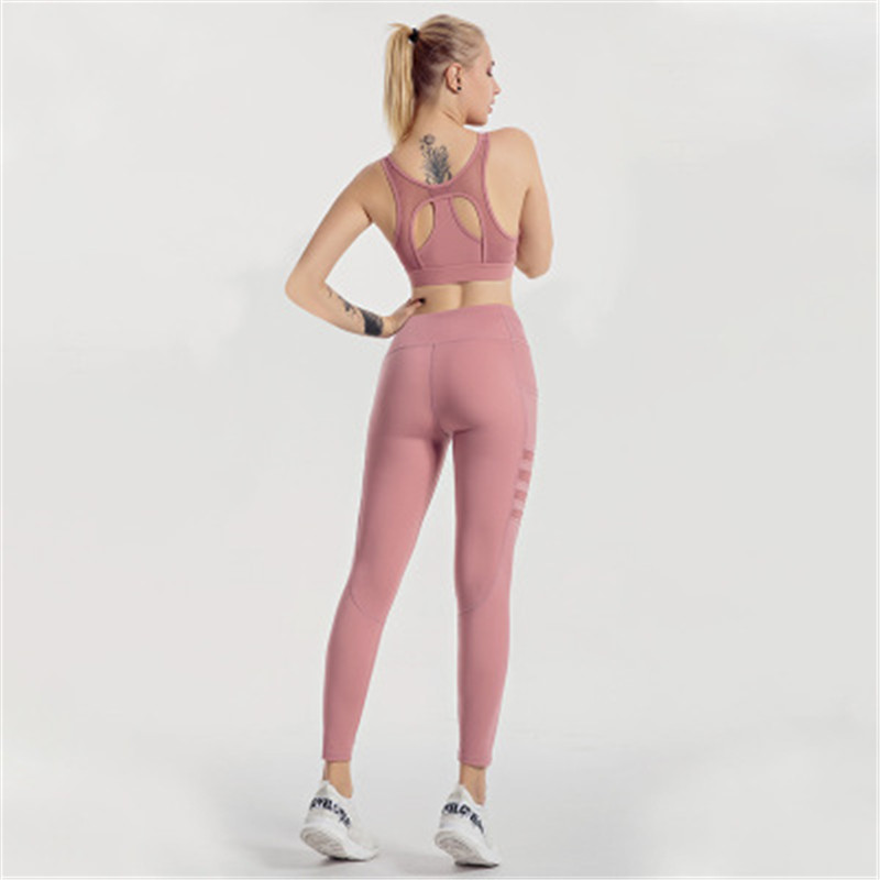 

Seamless Yoga Set Fitness Sports Bras Suits Gym Clothing Top High Waist Yoga Leggings Workout Pants Stripes Mesh Stitching, Pink set