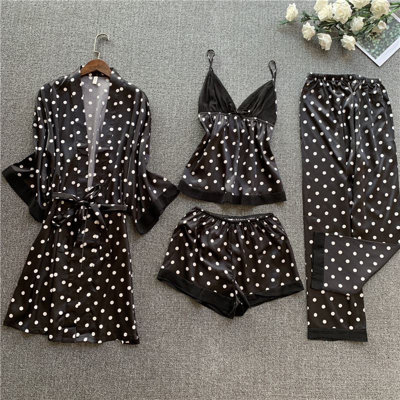 

Smmoloa 4 Piece Silk Robe Women Silk Pajamas Set satin pajama sets, Black