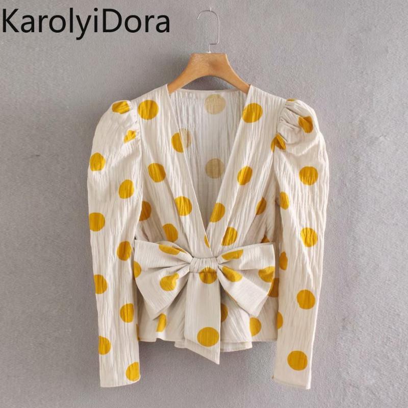 

women vintage bow decoration polka dot print casual slim kimono blouse shirts women chic office blusas pleat chemise tops, As pic ls6430xn