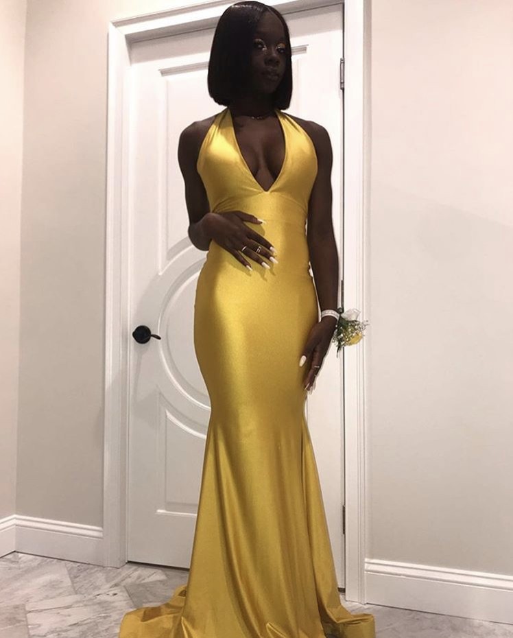 

2020 African Style Halter Neck Mermaid Prom Dresses Sleeveless Backless Gold Spandex Evening Dress Simple Party Evening Gown, Yellow