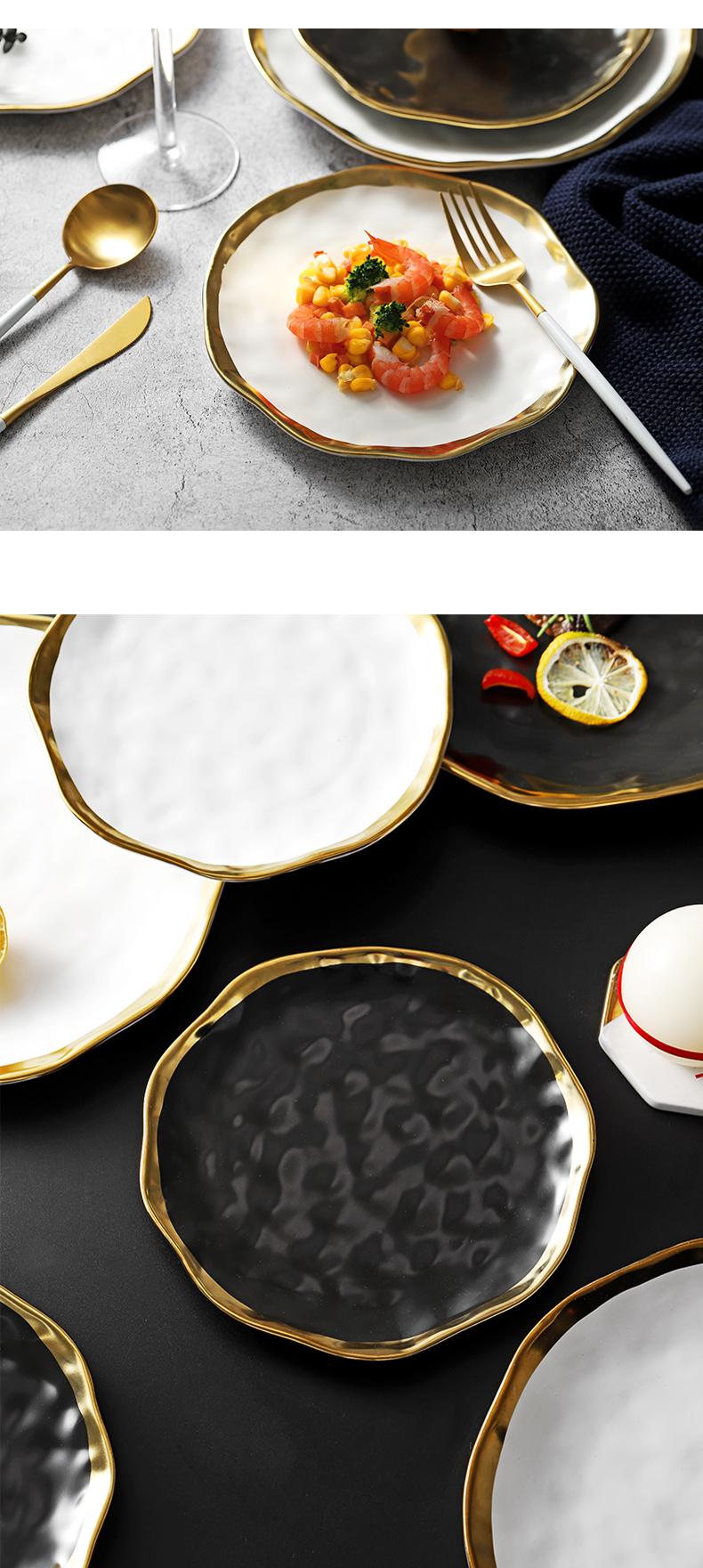 2022 New Ceramic Dinner Plate Gold Inlay Snack Dishes Luxury Gold Edges Plate Dinnerware Kitchen
