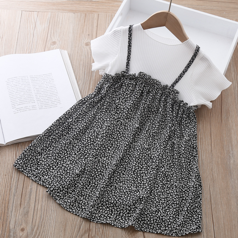 

Wholesale Girl's Dress Strap Fake Two-Piece Kids' Summer Dress 5 Pieces/lot, One per size