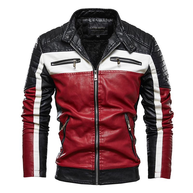 

Mens Autumn Winter Pu Leather Jackets Coats Stand Collar Fleece Lined Motorcycle Faux Leather Jackets Outwear Male Clothes,9908, 9908 black red
