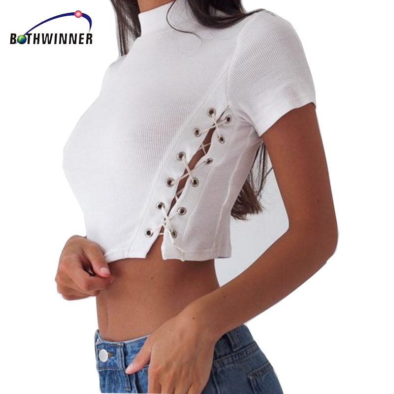 

Bothwinner Lace Up Bustier Crop Top Tees Sexy Black Short Sleeve Women Top Summer Elegant Short Tank