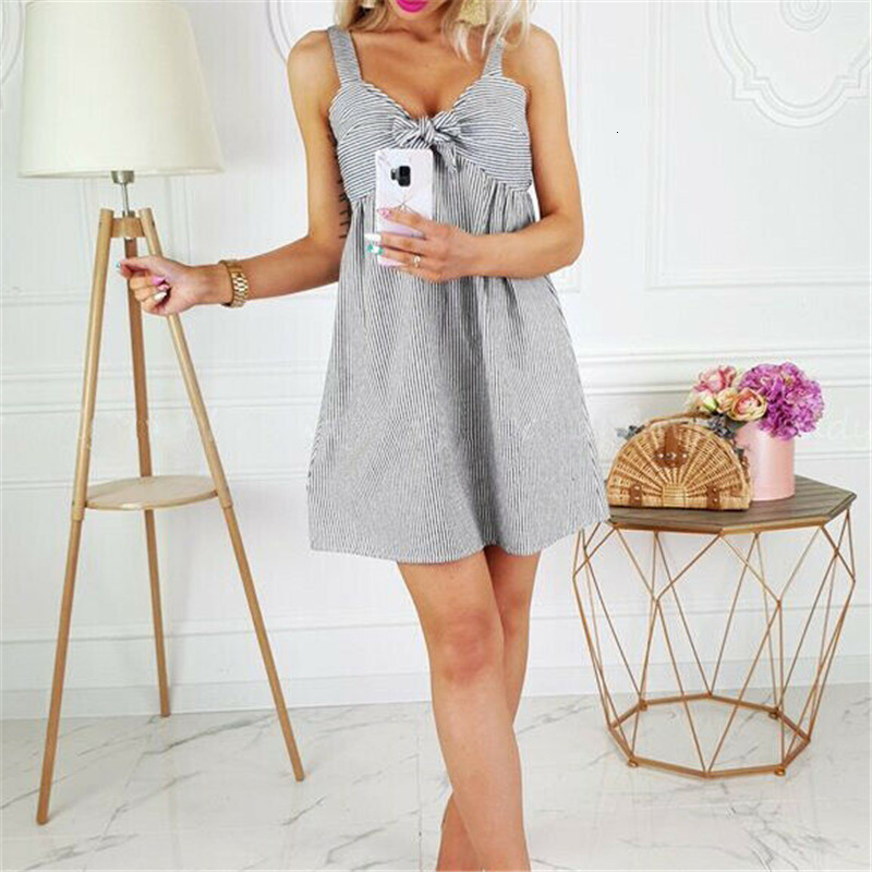 

New Boho Style Cute Sweet Women Strappy V Neck Bowknot Striped Short Mini Dress Party Evening Summer Beach Holiday Dress, As pic