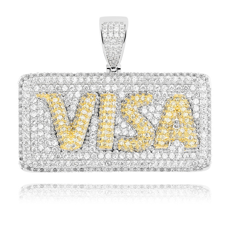 

Luxury Designer Necklace Micro Pave Cubic Zircon Bling Iced Out VISA Credit Gold Card Square Pendants Necklaces for Men, Silver