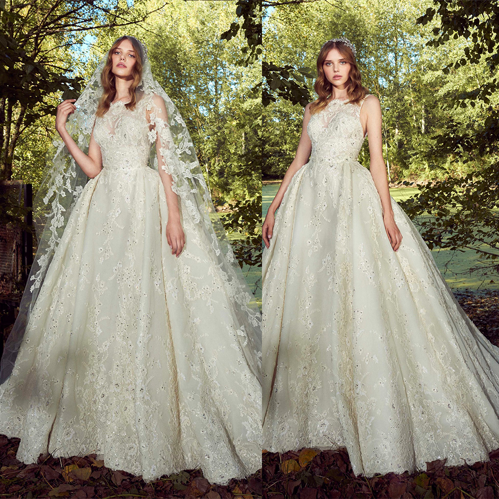 

Elegant Zuhair Murad A Line Wedding Dresses Jewel Sleeveless Lace Applique Sequins Wedding Gowns Sweep Train robe de mariée, Hunter green