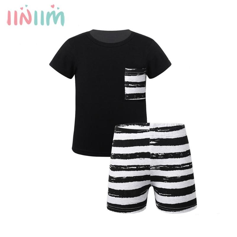 

iiniim New Infant Baby Boys Outfit Cotton Short Sleeves T-Shirt with Striped Shorts Set Toddle Kids Summer Casual Clothing Set, Black