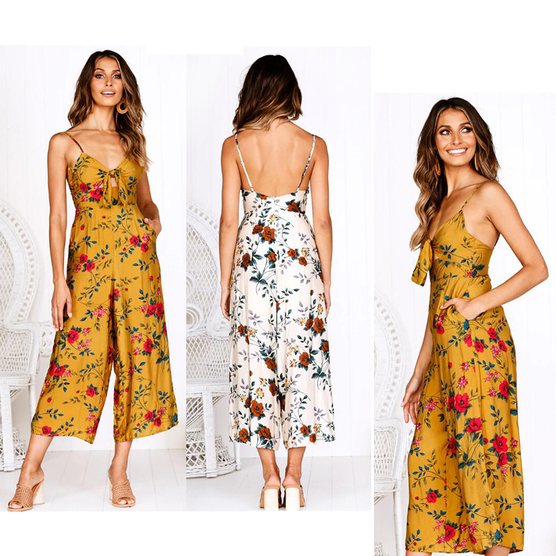 

Backless Loose Jumpsuit Women Gothic High Slit Umpsuit Casual V Neck Strapped Womens Clothing Off The Shoulder Bohemian Wear, Yellow jumpsuit