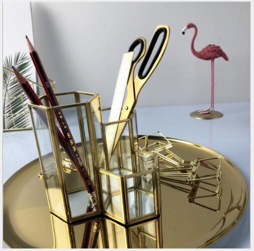 Brass Glass Cosmetic Bottles Brush Barrel Hexagonal eyebrow penholder flowerpot European-style retro desktop decoration-image-475515414