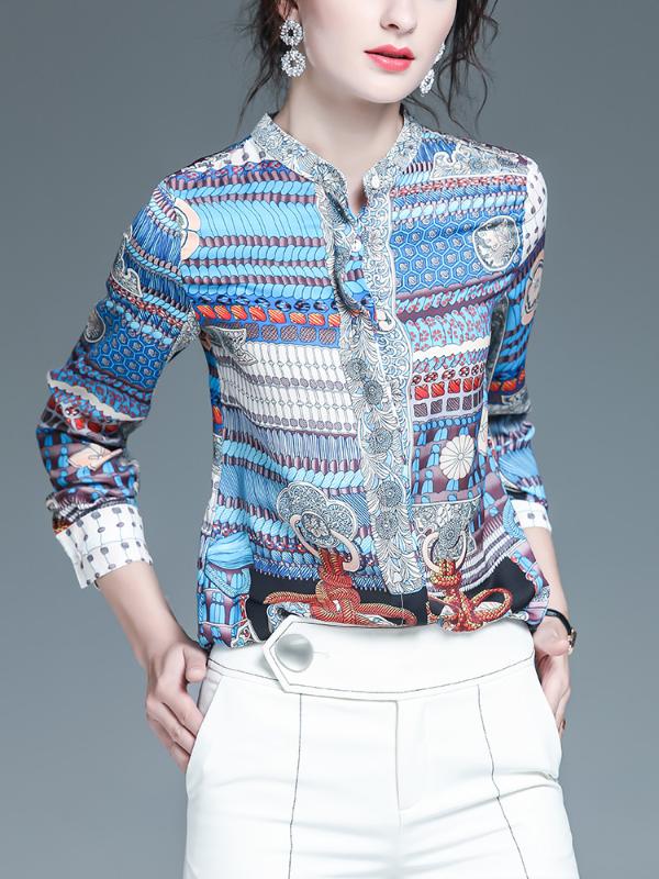 

European goods design sense niche fashion shirt girl 2020 new chiffon shirt collar long sleeve printed, Sky blue