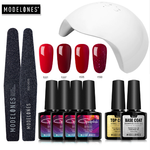 

Modelones Nail Gel Soak-off Gel polish Top & Base Coat gel nails polish kit 24w lamp 4 colors art tools kits sets manicure, As show