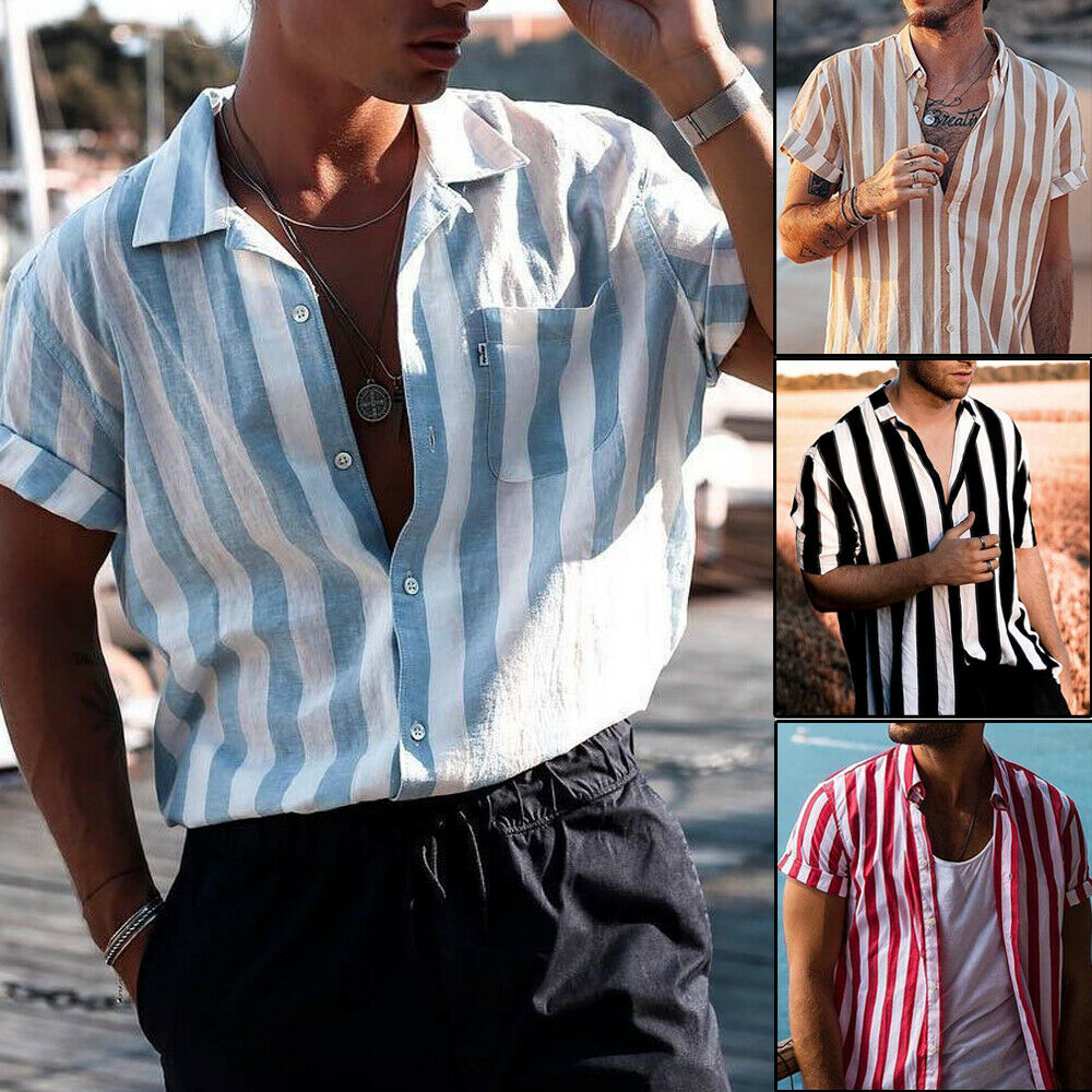 Men Summer Fashion Striped Shirts Top Harajuku Casual Short Sleeve Shirts Men Male Slim Fit Shirt Camisa Masculina Chemise Homme-image-480341925