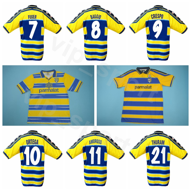 

1998 1999 2000 Retro Parma Vintage Soccer 9 CRESPO Jersey Men 21 THURAM 1 BUFFON 10 ORTEGA 8 BAGGIO Football Shirt Kits Uniform, Yellow