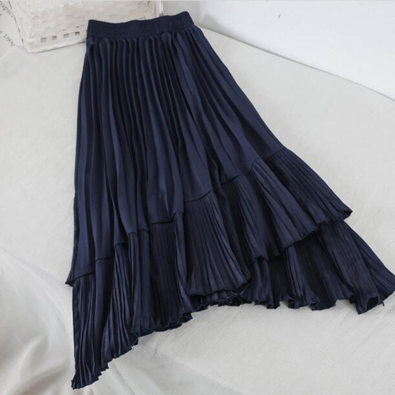 

High Waist Irregular Pleated Skirt 2019 Europe Women Elegant Black Long Skirt Autumn Winter Female Casual A Line