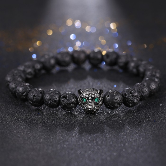 

2018 New 4color Zircon Bracelet Men Micro Pave CZ Copper Leopard Head Charm Bangle Natural Black Volcanic rocks stone For men