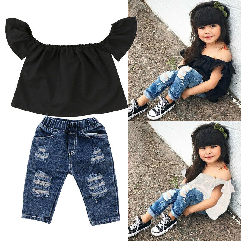 

Sleeveless Toddler Kid Baby Girl Off Shoulder Tops Denim Pants Jeans Outfit, Black