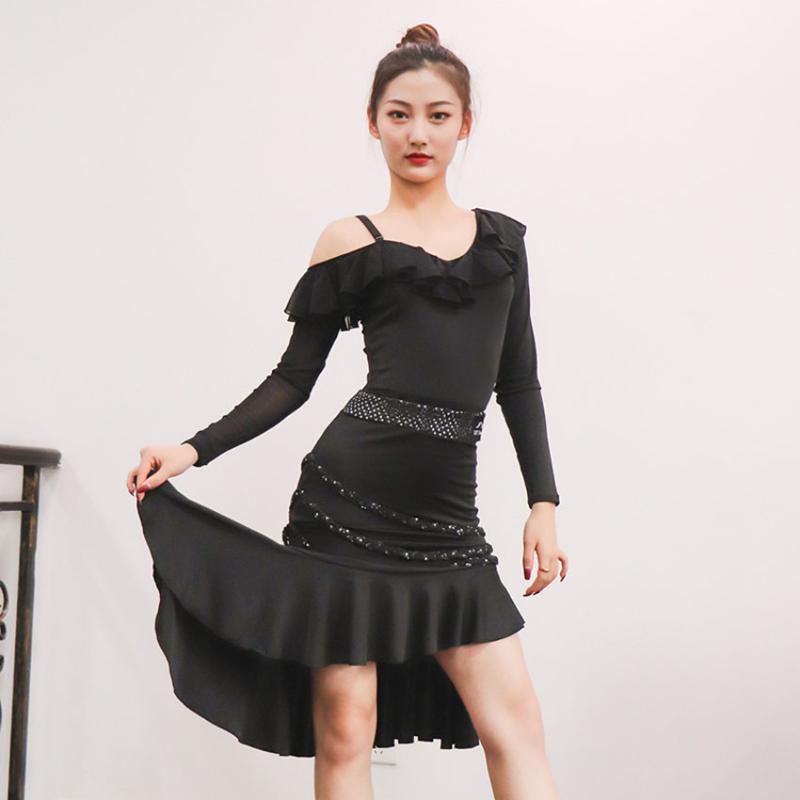 

one feather Latin dance suit new women jumpsuits practise dancing jacket inclined shoulder long-sleeved conjoined, See chart