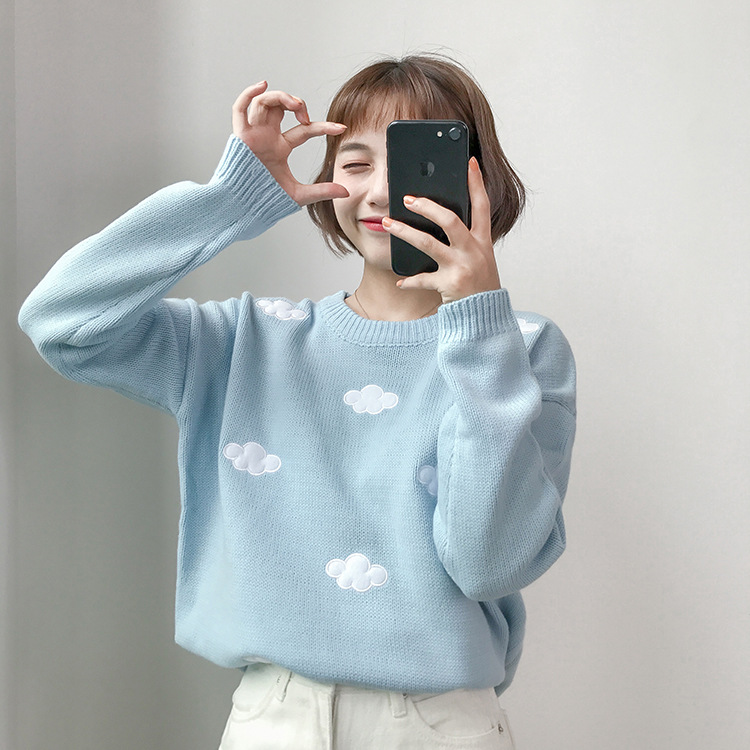 

2020 Spring Autumn new women sweater retro blue Pink cloud print pullover Sweater O-neck long sleeve kawaii Winter clothes, Beige