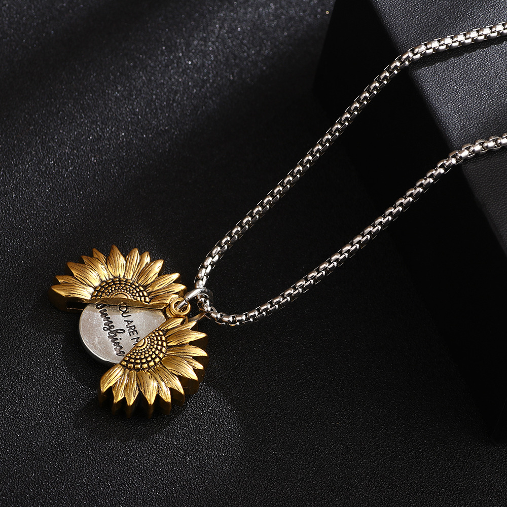 New Fashion Creative Gold and Silver Plated Sunflower Pendant Necklaces Can Open Engraved Necklace for Men-image-545384116