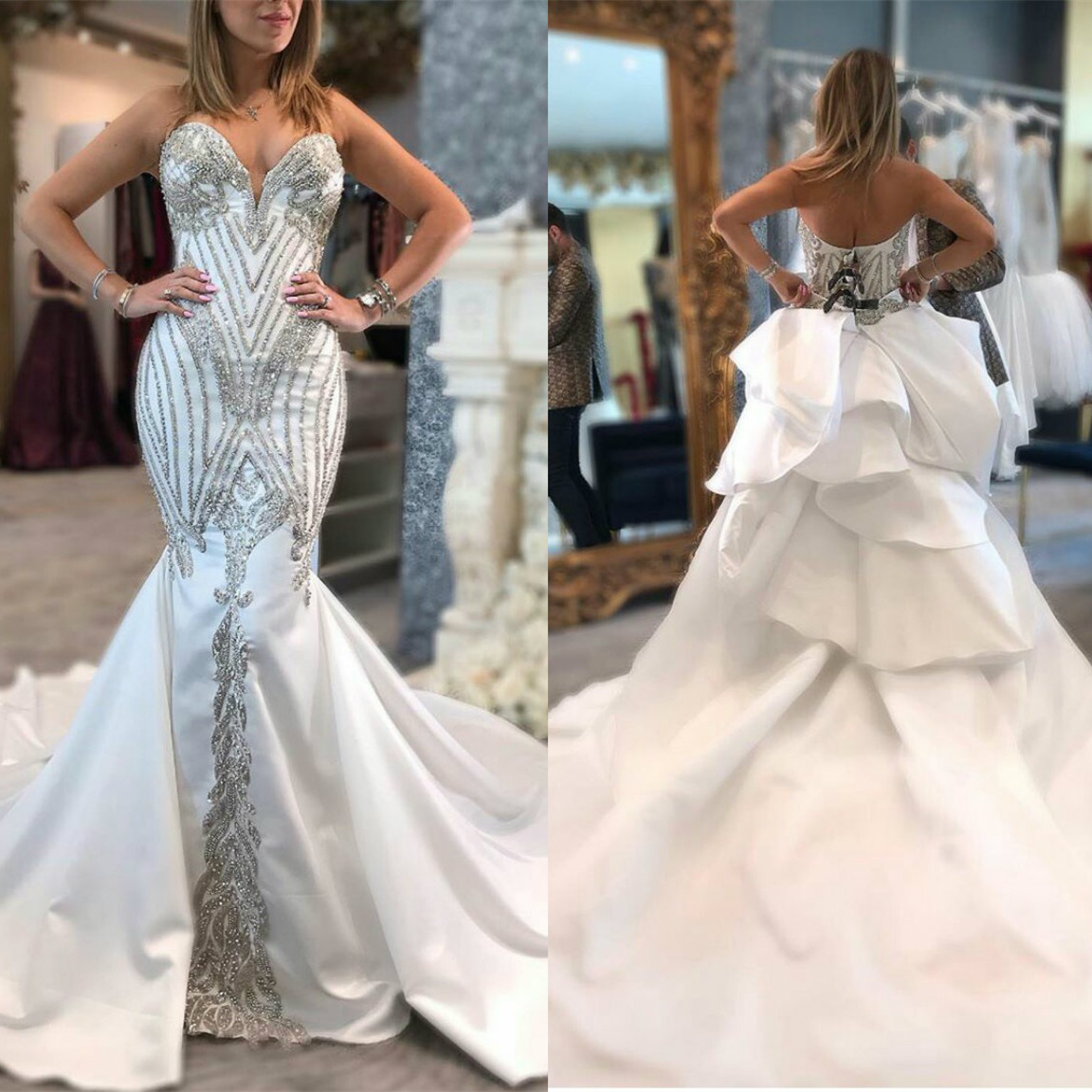 

2020 Wedding Dresses Sweetheart Lace Appliques Beads Sequins Mermaid Bridal Gowns Custom Made Lace-up Back Sweep Train Wedding Dress, Gold