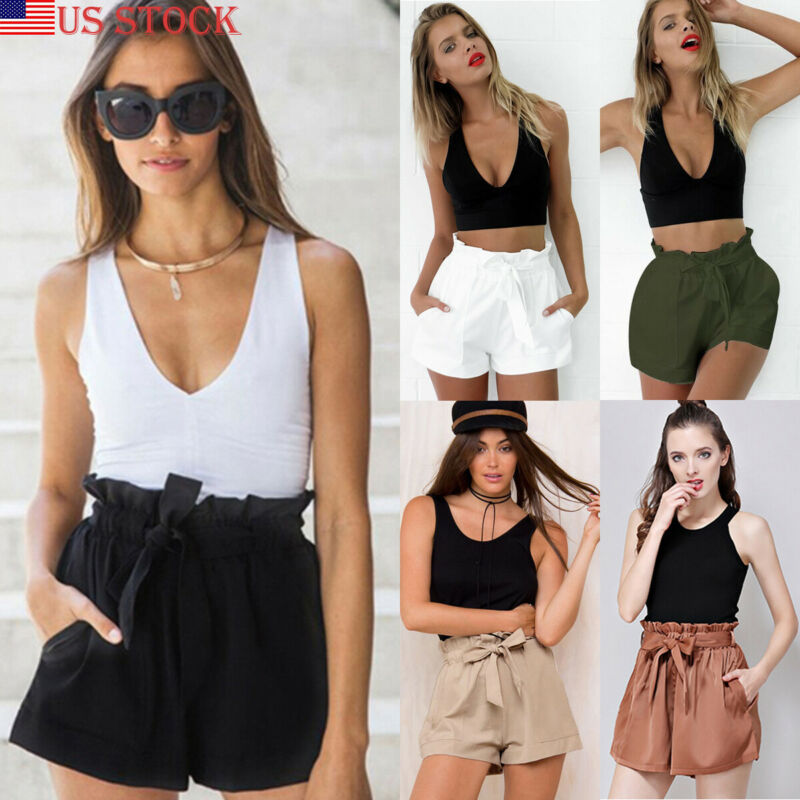 

2020 Newest Fashion Hot Sale Women High Waisted Paper Bag Tie Belt Shorts Ladies Summer Hot Sale Holiday Shorts, Black